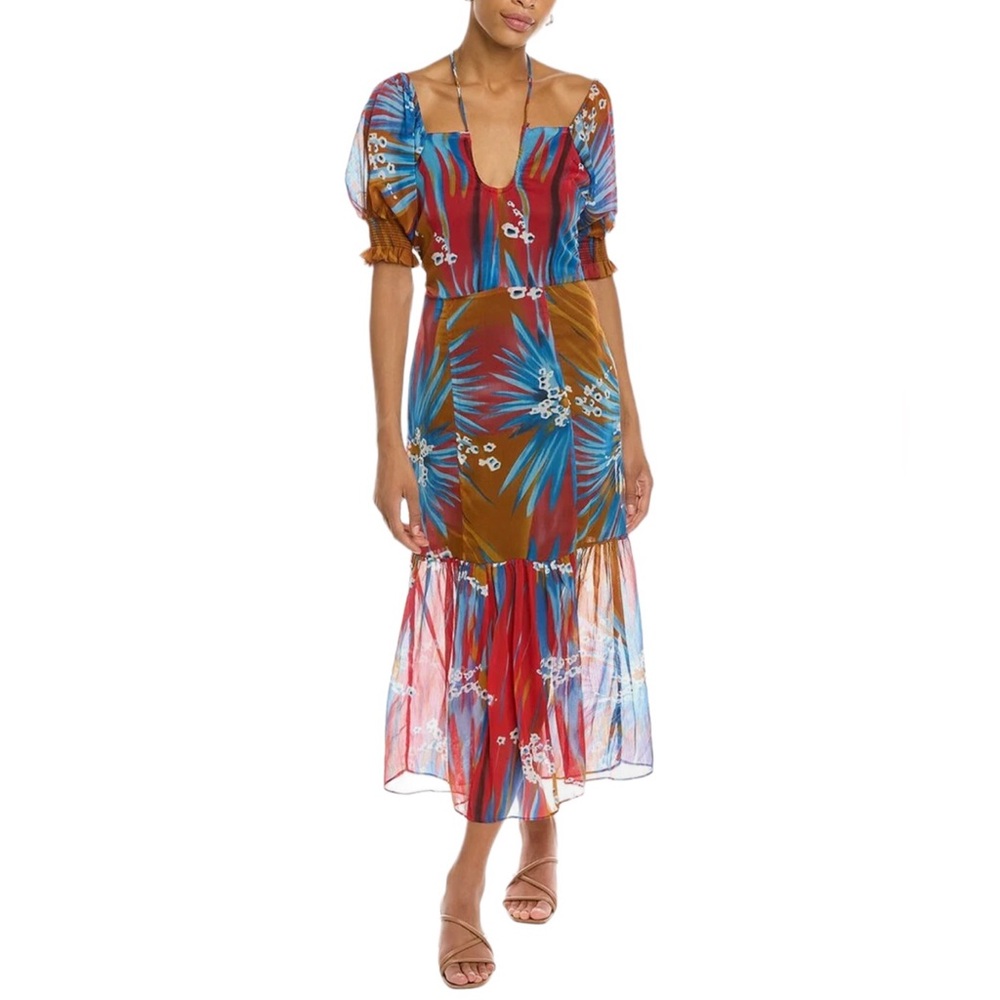 Anthropologie Walter Baker Danielle Rio Palm Tropical Sunset Tiered Midi Dress